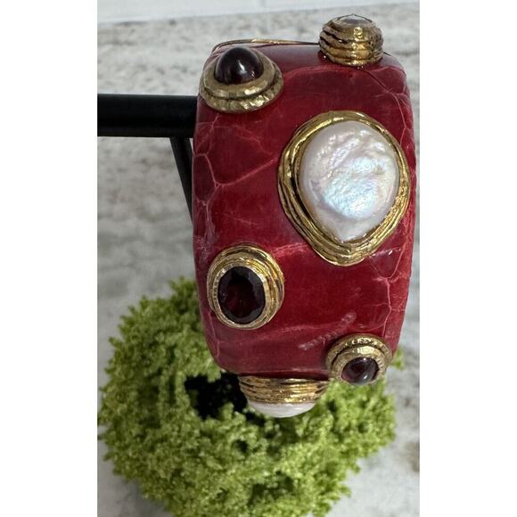 Vintage MCM Sterling Silver Snake Skin Pearl & Rhinestones Cuff Bracelet - Picture 3 of 10